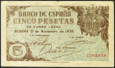 5 Pesetas. 21 de Noviembre de 1936. Sin serie. (Edifil 2021: 417). En el reverso texto manuscrito. BC.