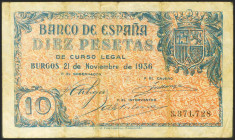 10 Pesetas. 21 de Noviembre de 1936. Sin serie. (Edifil 2021: 418). Inusual, sin reparaciones. MBC-.