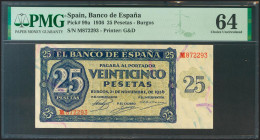 25 Pesetas. 21 de Noviembre de 1936. Serie M. (Edifil 2021: 419a, Pick: 99a). Inusual en esta calidad. SC. Encapsulado PMG64.