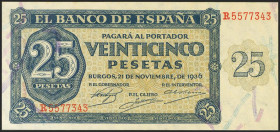 25 Pesetas. 21 de Noviembre de 1936. Serie R. (Edifil 2021: 419a). Conserva todo su apresto original. SC.