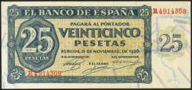 25 Pesetas. 21 de Noviembre de 1936. Serie R. (Edifil 2021: 419a). Apresto original. EBC+.