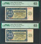 25 Pesetas. 21 de Noviembre de 1936. Pareja correlativa. Serie C. (Edifil 2021: 419a, Pick: 99a). Rara en esta calidad y con apresto original. SC. Enc...