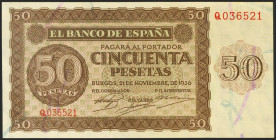 50 Pesetas. 21 de Noviembre de 1936. Serie Q. (Edifil 2021: 420a). Muy raro en esta superlativa calidad, presentando todo su apresto original. SC.