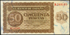 50 Pesetas. 21 de Noviembre de 1936. Serie R. (Edifil 2021: 420a). Raro en esta calidad, conserva todo su apresto original y presenta una doblez impos...