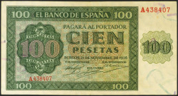 100 Pesetas. 21 de Noviembre de 1936. Serie A. (Edifil 2021: 421). Conserva parte de su apresto original. EBC.