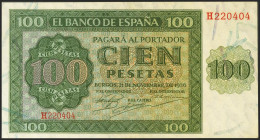 100 Pesetas. 21 de Noviembre de 1936. Serie H. (Edifil 2021: 421a). Apresto original. EBC.