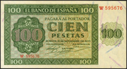 100 Pesetas. 21 de Noviembre de 1936. Serie W. (Edifil 2021: 421a). Conserva parte de su apresto original. EBC.