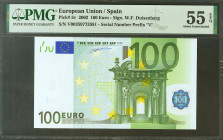 100 Euros. 1 de Enero de 2002. Firma Duisenberg. Serie V (España). (Edifil 2017: 490). EBC+. PMG55EPQ.