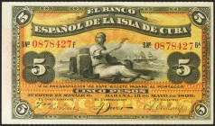BANCO ESPAÑOL DE LA ISLA DE CUBA. 5 Pesos. 15 de Mayo de 1896. Sobrecarga PLATA, en el reverso. (Edifil 2021: 81). Raro, apresto original. SC-.