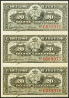 BANCO ESPAÑOL DE LA ISLA DE CUBA. Conjunto de 3 billetes correlativos de 20 Centavos (sin desprender), emitidos el 15 de Febrero de 1897 (Edifil 2021:...