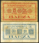 BAEZA (JAEN). 25 Céntimos y 1 Peseta. (1937ca). Series A y D, respectivamente. (González: 844, 847). Inusuales. MBC.