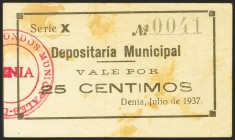 DENIA (ALICANTE). 25 Céntimos. Julio 1937. Serie X. (González: 2215). BC+.