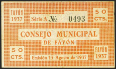 FAYON (ZARAGOZA). 50 Céntimos. 15 de Agosto de 1937. Serie A. (González: 2420). Raro. MBC+.