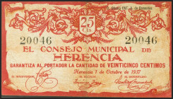 HERENCIA (CIUDAD REAL). 25 Céntimos. Octubre 1937. (González: 2818). MBC+.