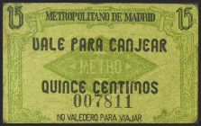 MADRID. 15 Céntimos. (1937ca). Metropolitano de Madrid. (González: 3297). Inusual. MBC.