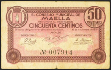 MAELLA (ZARAGOZA). 50 Céntimos. 1 de Noviembre de 1937. (González: 3312). Inusual. MBC.
