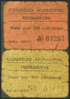 PIEDRABUENA (CIUDAD REAL). 25 Céntimos y 50 Céntimos. Julio 1937. (González: 4177, 4178). Muy raros, el billete de 50 cts está catalogado pero no ilus...