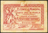 SANTA CRUZ DE MUDELA (CIUDAD REAL). 25 Céntimos. (1937ca). (González: 4730). Inusual. BC-.
