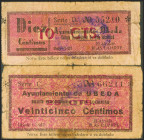 UBEDA (JAEN). 10 Céntimos y 25 Céntimos. 1 de Marzo de 1937. Series D y C, respectivamente. (González: 5193, 5194). Inusuales. BC-.