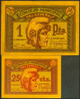 VALDEPEÑAS (CIUDAD REAL). 25 Céntimos y 1 Peseta. (1937ca). Series A y B, respectivamente. (González: 5281, 5283). EBC.
