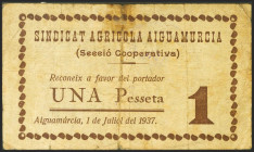 AIGUAMURCIA (TARRAGONA). 1 Peseta. 1 de Julio de 1937. (González: 6042). Muy raro. BC.