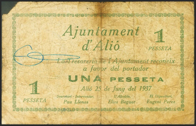 ALIO (TARRAGONA). 1 Peseta. 25 de Junio de 1937. Serie A. (González: 6202). Raro...