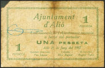 ALIO (TARRAGONA). 1 Peseta. 25 de Junio de 1937. Serie A. (González: 6202). Raro. BC.
