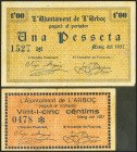 L´ARBOÇ (TARRAGONA). 25 Céntimos y 1 Peseta. Mayo 1937. (González: 6314, 6316). MBC.