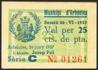 ARBUCIES (GERONA). 25 Céntimos. 26 de Junio de 1937. Serie C. (González: 6324). Inusual. EBC.