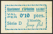 ARBUCIES (GERONA). 10 Céntimos. 2 de Octubre de 1937. Serie D. (González: 6325). EBC.