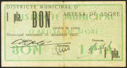 ARTESA DE SEGRE (LERIDA). 1 Peseta. 31 de Mayo de 1937. (González: 6432). Inusual. MBC.