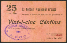 ASCO (TARRAGONA). 25 Céntimos. Julio 1937. (González: 6436). MBC+.
