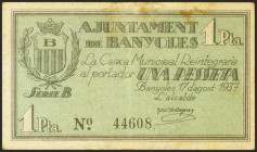 BANYOLES (GERONA). 1 Peseta. 17 de Agosto de 1937. Serie B. (González: 6507). MBC.