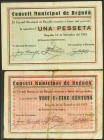 BEGUDA (GERONA). 25 Céntimos y 1 Peseta. 1 de Septiembre de 1937. Series A y B, respectivamente. (González: 6928/29). MBC/BC.