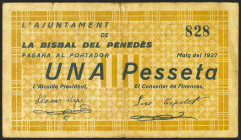 LA BISBAL DEL PENEDES (TARRAGONA). 1 Peseta. Mayo 1937. (González: 7093). Inusual. MBC.