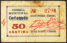 CADAQUES (GERONA). 50 Céntimos. (1937ca). (González: 7247). Muy raro. MBC-.