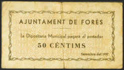 FORES (TARRAGONA). 50 Céntimos. Septiembre 1937. Serie B. (González: 7992). Raro. MBC-.