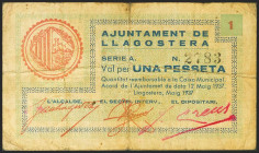 LLAGOSTERA (GERONA). 1 Peseta. 12 de Mayo de 1937. Serie A. (González: 8335). MBC-.