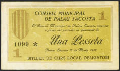 PALAU-SACOSTA (GERONA). 1 Peseta. 15 de Mayo de 1937. (González: 9118). Raro. MBC+.