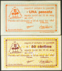 PINEDES DE LLOBREGAT (BARCELONA). 50 Céntimos y 1 Peseta. Mayo 1937. Serie A, ambos. (González: 9229/30). Serie completa. EBC.