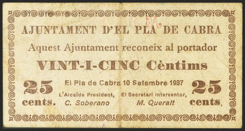 PLA DE CABRA (TARRAGONA). 25 Céntimos. 10 de Septiembre de 1937. (González: 9249...
