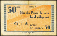 POBLE DEL LLIERCA (GERONA). 50 Céntimos. 1 de Junio de 1937. Serie A. (González: 9352). Raro. MBC.