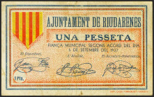 RIUDARENES (GERONA). 1 Peseta. 5 de Septiembre de 1937. (González: 9673). Muy raro. MBC.