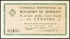 ROCAFORT DE QUERALT (TARRAGONA). 25 Céntimos. 27 de Septiembre de 1937. (González: 9705). Inusual. SC-.
