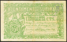 SUBIRATS (BARCELONA). 50 Céntimos. 16 de Mayo de 1937. (González: 10056). Raro. MBC.