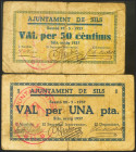 SILS (GERONA). 50 Céntimos y 1 Peseta. Mayo 1937. (González: 10011/12). Inusual serie completa. BC/MBC-.