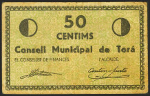 TORA (LERIDA). 50 Céntimos. (1937ca). Serie A. (González: 10297). Inusual. MBC.
