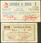 TORDERA (BARCELONA). 25 Céntimos y 1 Peseta. 11 de Mayo de 1937. Series C y A, respectivamente. (González: 10304, 10306). Inusuales. MBC.