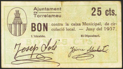 TORRELAMEU (LERIDA). 25 Céntimos. 1 de Junio de 1937. (González: 10365). Raro. MBC.