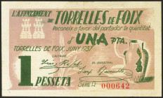 TORRELLES DE FOIX (BARCELONA). 1 Peseta. Junio 1937. Serie A. (González: 10373). Inusual. MBC+.